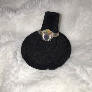 Iridescent genuine crystal set in sterling silver whale tail bezel ring